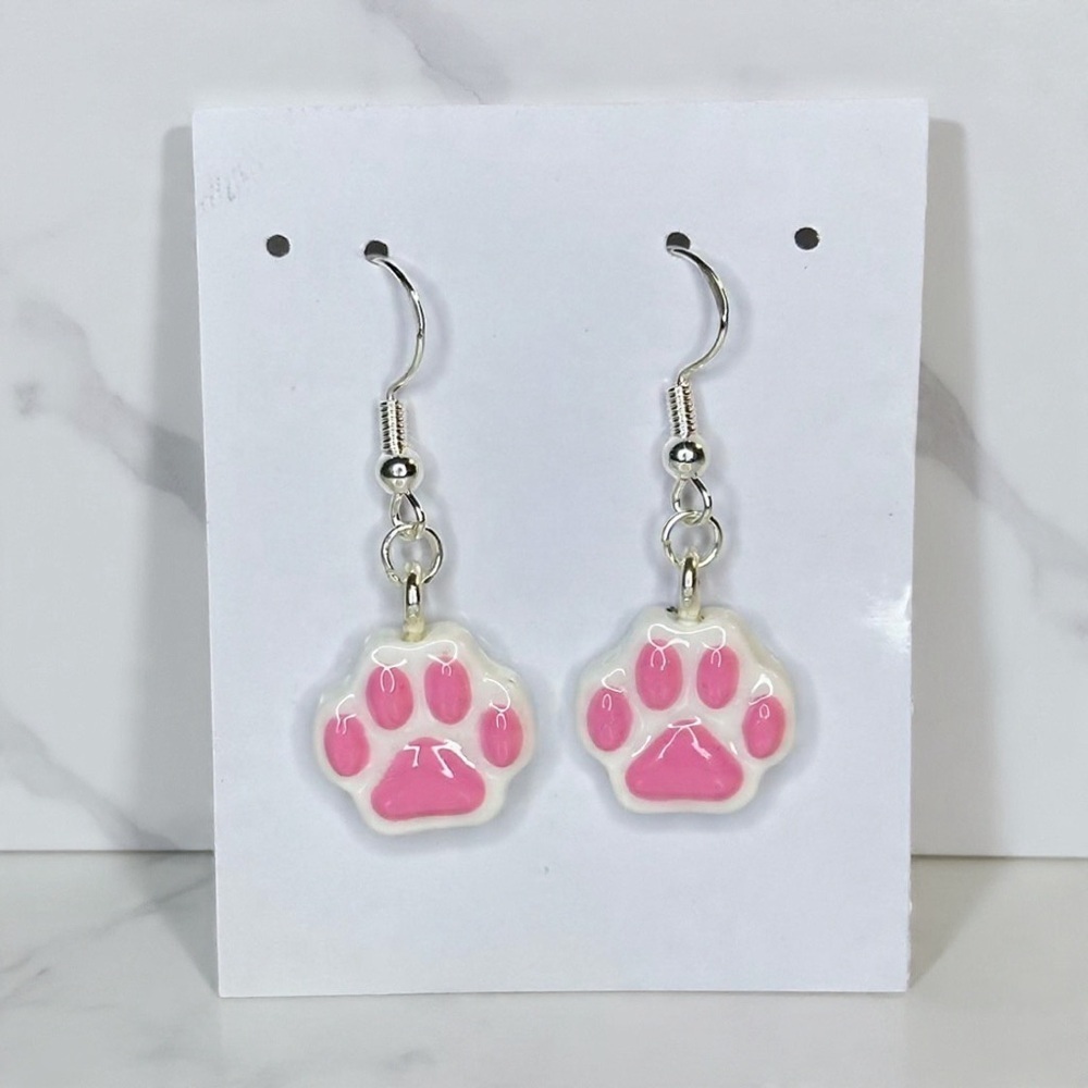 Animal Paw Print - Handmade Earrings - White